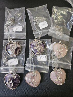 6pc Rose Quartz & Amethyst Heart Pendant Necklaces Silver Tone